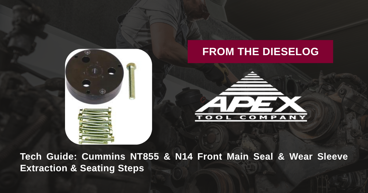 Step-by-step close up layout of front seal installer remover kit mounted on a Cummins NT855 crankshaft snout